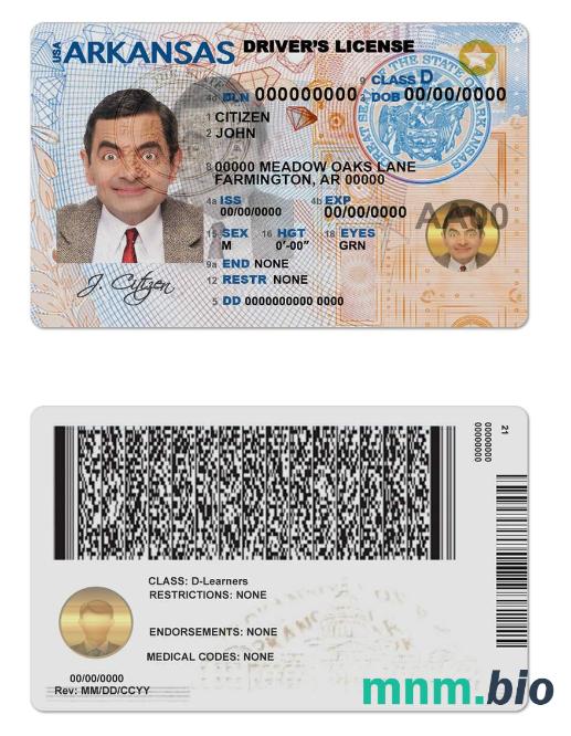 Szablon prawa jazdy USA Arkansas w formacie PSD, ze wszystkimi czcionkami